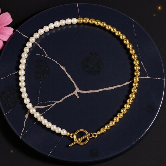 🆕️Modern Minimalist Pearl & Golden Acrylic Bead Choker Toggle Trendy Necklace - Picture 1 of 9